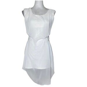 White Cap Sleeve Pleated Waist High Low Sheer Tunic Blouse Top Dress XS Romantic